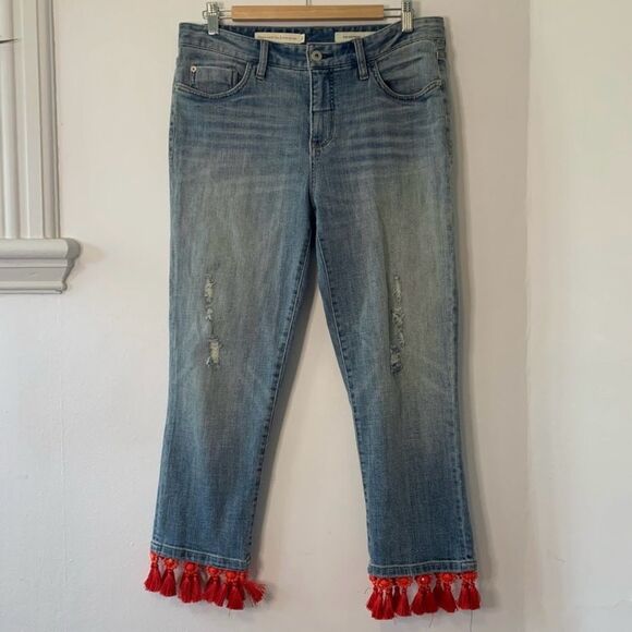 PILCRO & LETTERPRESS Mid-rise Slime Boyfriend Jeans with Red Tassel Hem - Picture 2 of 9